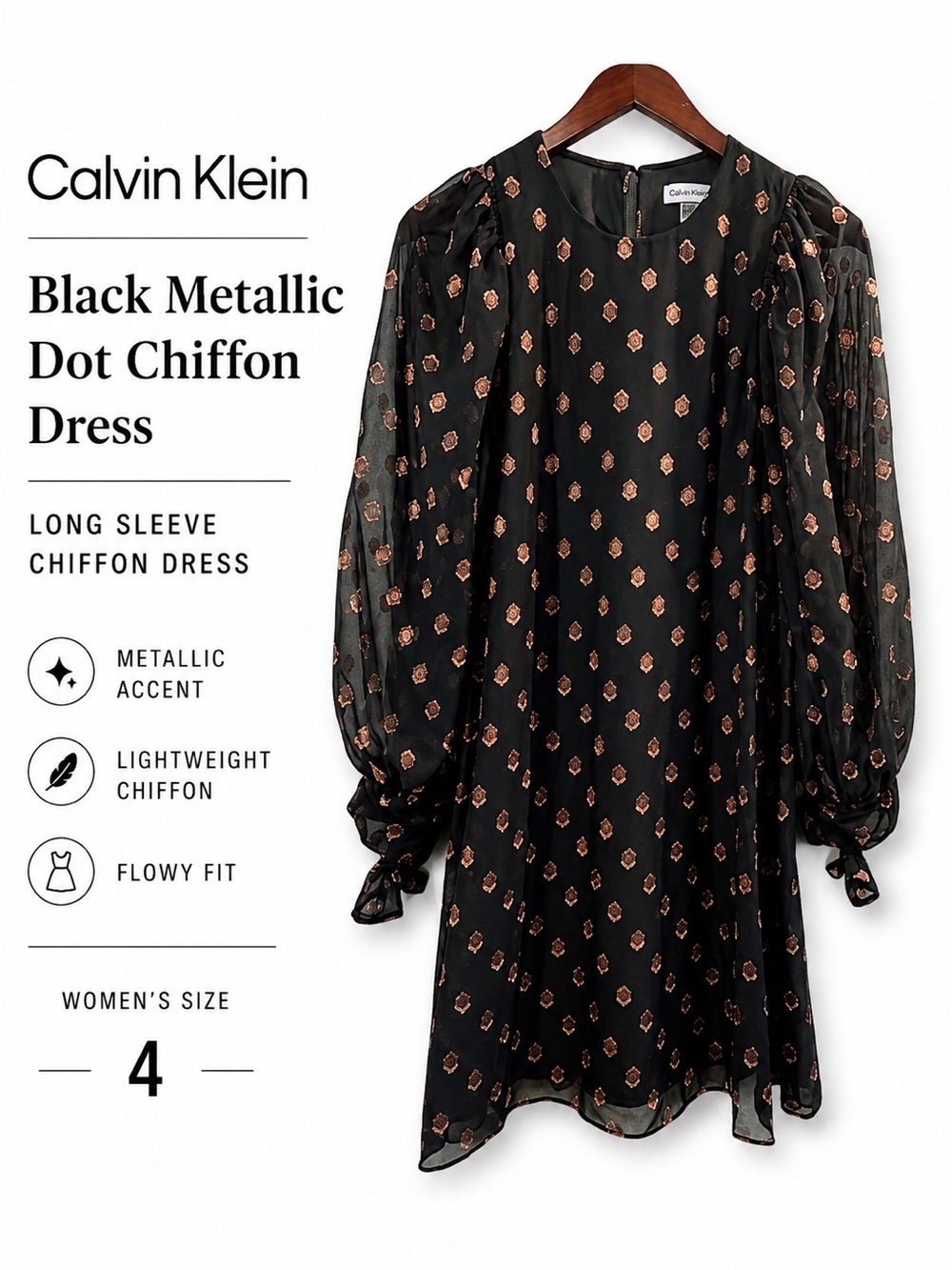 Calvin Klein Black Metallic Dot Long Sleeve Chiffon Dress Women’s Size 4